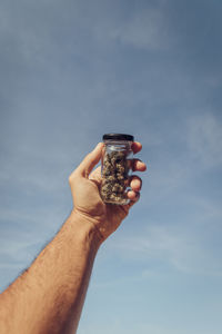 Close-up of hand holding ice cream against sky