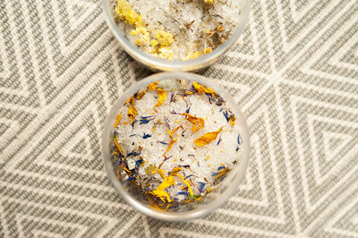 High angle view of breakfast on table