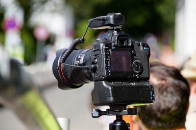 Close-up of video camera during press conference