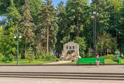 Rear view of people walking on road