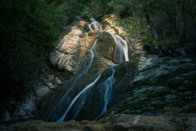 Water flowing through rocks in forest