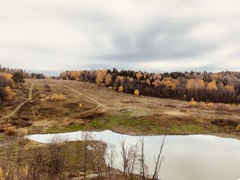 Panoramic shot of trees on field against sky