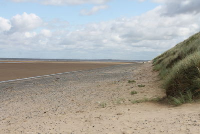 Scenic view of beach against cloudy sky