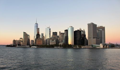 City at waterfront during sunset