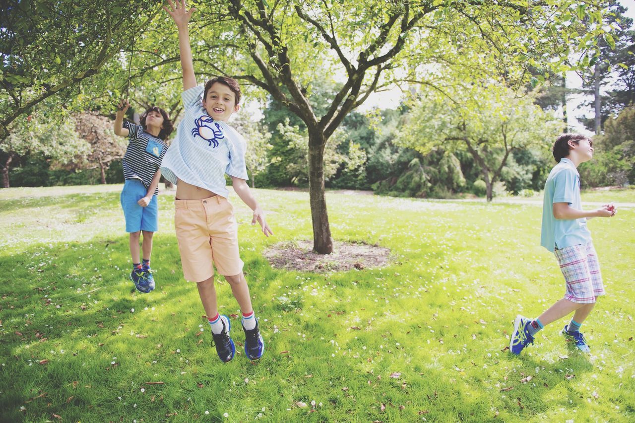 childhood, full length, lifestyles, leisure activity, boys, grass, elementary age, tree, casual clothing, girls, person, playing, fun, park - man made space, playful, green color, enjoyment