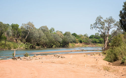Scenic view of beach against clear sky