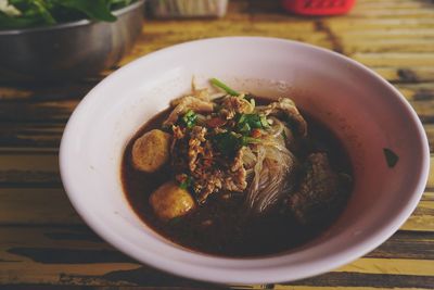 High angle view of soup in bowl on table