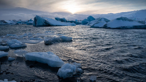 Sundown in the glacier lagoon of joekulsarlon, winter in iceland, europe