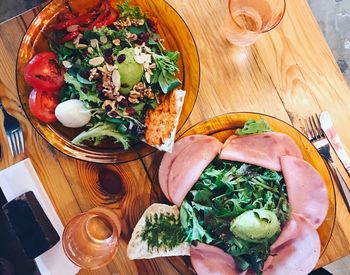 High angle view of vegetables in plate on table