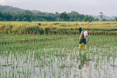 Full length of man working on agricultural field against sky