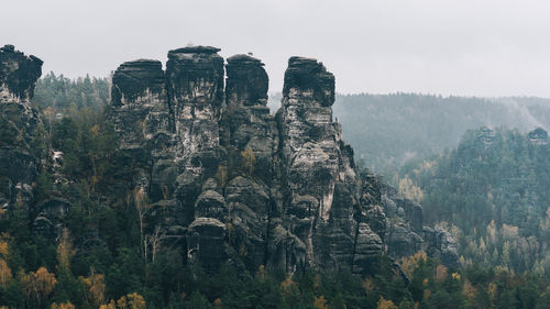 Panoramic view of trees and rocks against sky