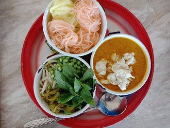 Directly above shot of meal served on table