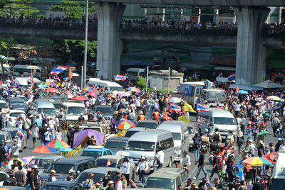 High angle view of people on street in city