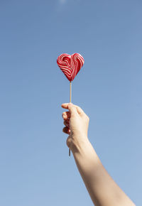 Woman's hand holding heart shaped lollipop