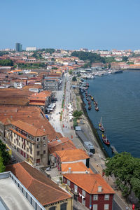 High angle view of river amidst buildings against clear sky