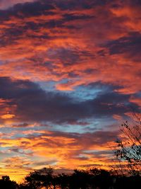 Low angle view of silhouette trees against dramatic sky