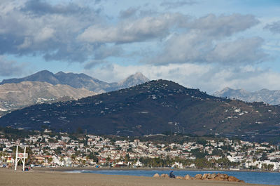 Panoramic shot of townscape by sea against sky