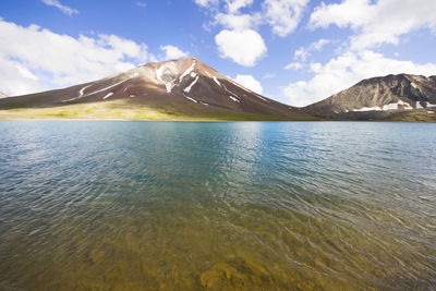 Alpine mountain lake landscape, colorful nature view, travel destination, hiking place.