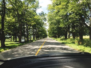Road amidst trees seen through car windshield