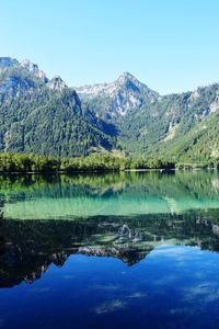 Scenic view of lake and mountains against clear blue sky