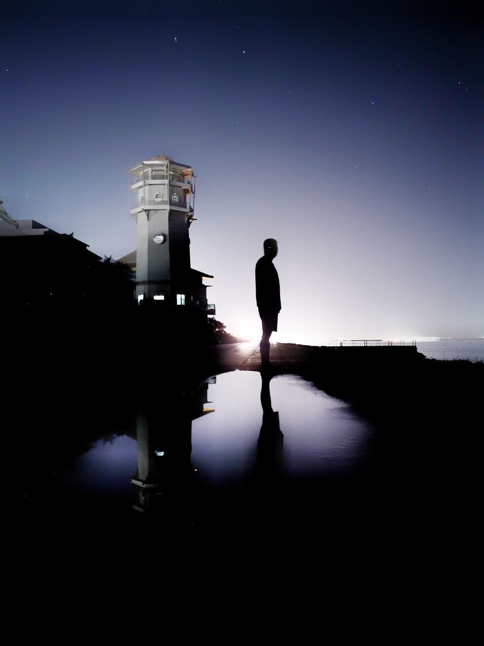 SILHOUETTE MAN STANDING AT RIVERBANK AGAINST CLEAR SKY