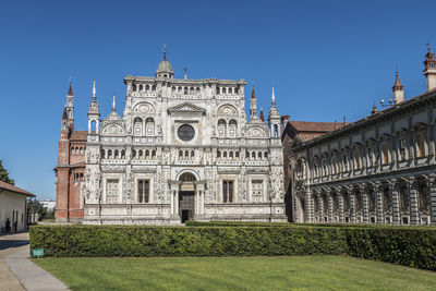 Exterior of temple against clear blue sky