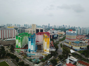 High angle view of buildings against sky