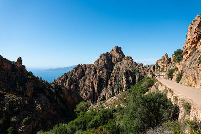 Panoramic view of rocky mountains against clear blue sky