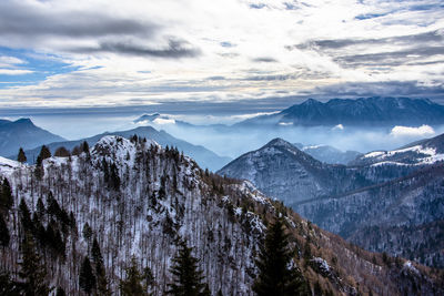 Panoramic view of snowcapped mountains against sky