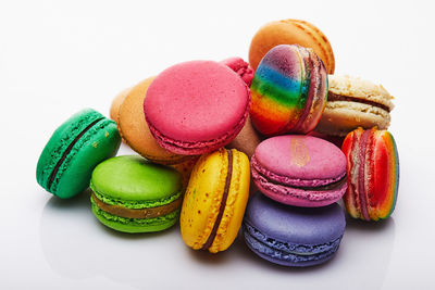 Close-up of macaroons on white background