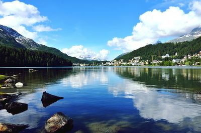 Scenic view of lake and mountains against sky