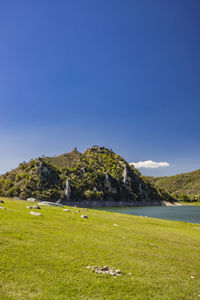 Scenic view of sea against clear blue sky