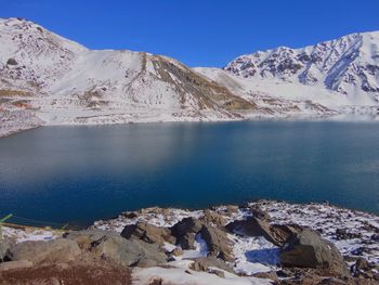 Scenic view of lake and snowcapped mountains against blue sky