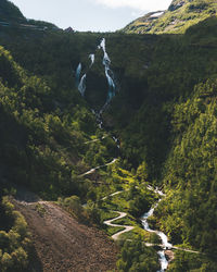 Scenic view of waterfall on mountain in forest