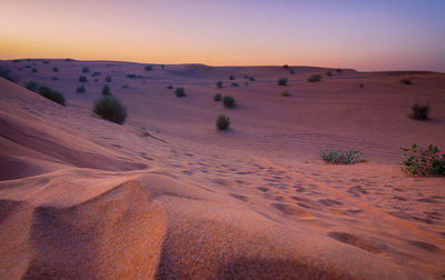 Scenic view of desert against sky during sunset