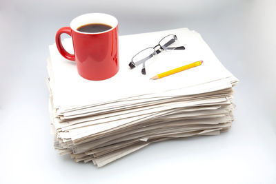 High angle view of coffee cup on table