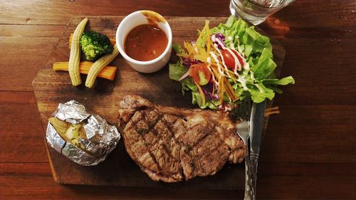 High angle view of food served on table