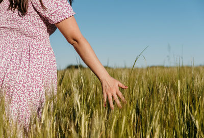 Rear view of woman touching wheat ears in field