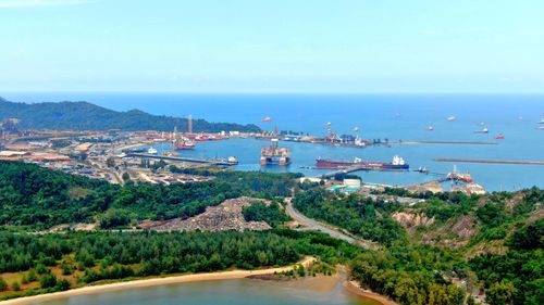 Scenic view of bay against sky