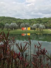 Scenic view of inhotim museum lake against sky