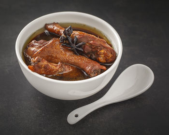 High angle view of meat in bowl on table