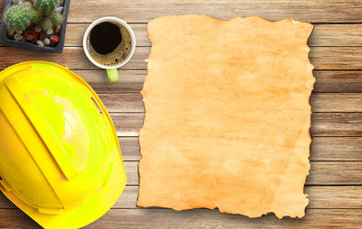 High angle view of coffee cup on table