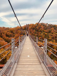 Footbridge along plants and bridge against sky