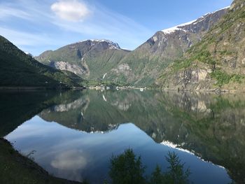 Scenic view of lake and mountains against sky