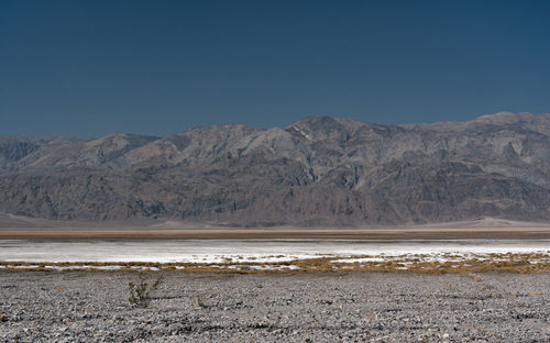 Scenic view of snowcapped mountains against clear sky