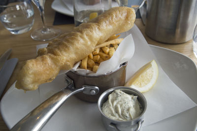 High angle view of food in plate on table