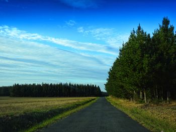 Road amidst trees on field against sky