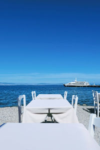 Scenic view of sea against clear blue sky