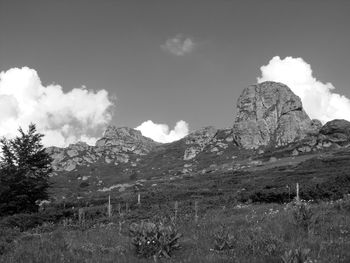 Scenic view of landscape and mountains against sky