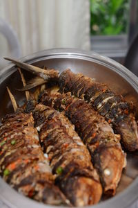 High angle view of meat in plate on table